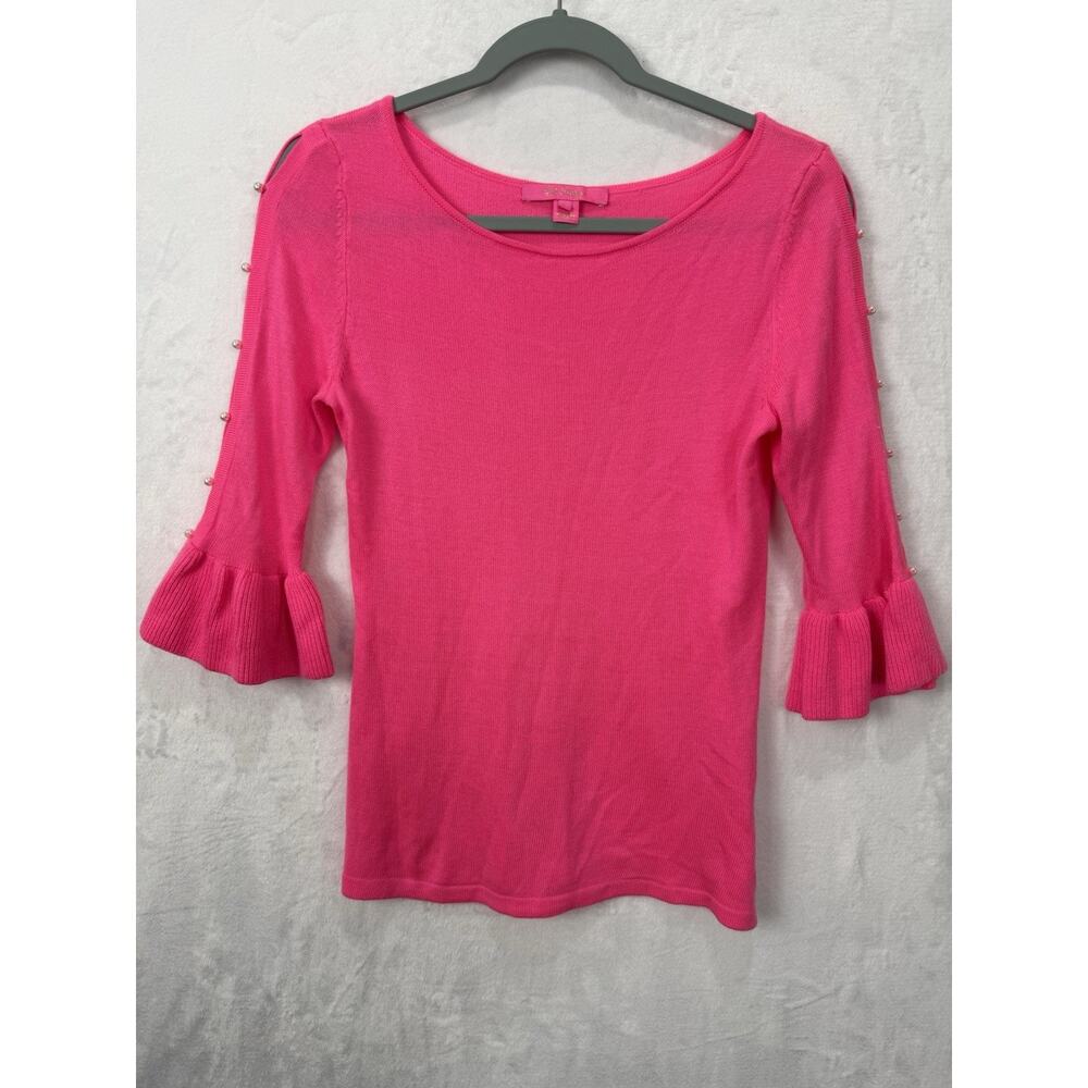 Lilly Pulitzer Hot Pink Acrylic Blouse With Pearl Beaded Sleeves Size Small